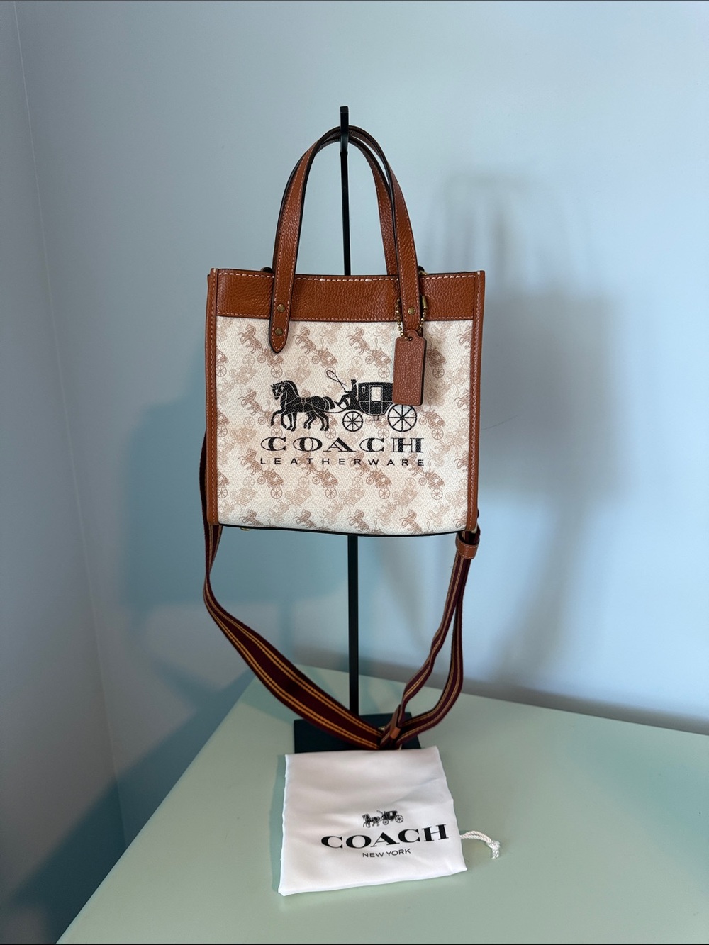 Coach Cream Canvas Tote with Brown Leather Trim and Striped Strap